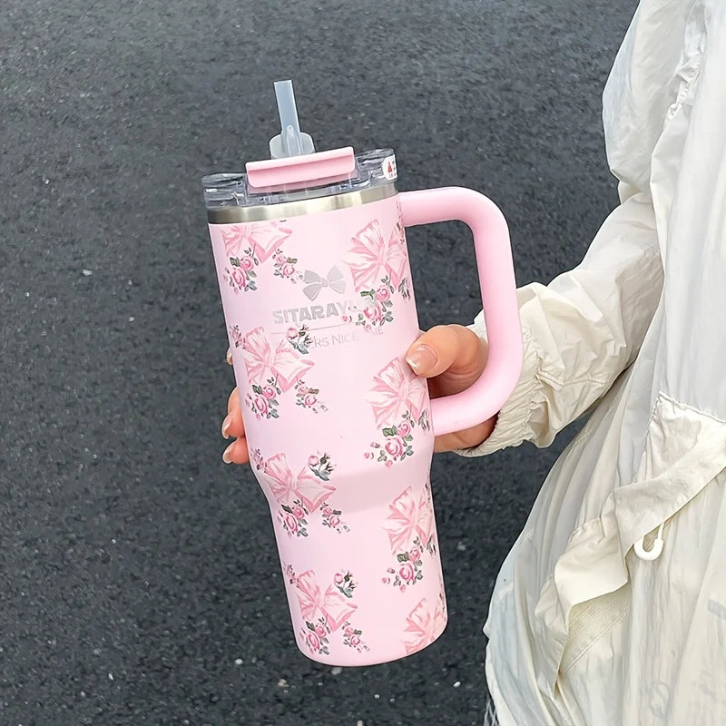1pc 900ml Floral Print Stainless Steel Vacuum Insulated Tumbler with Straw,  Ice Cold Retention Cup,Birthday Gift for Women