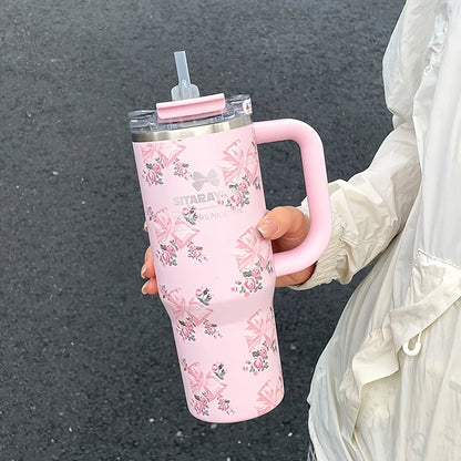 1pc 900ml Floral Print Stainless Steel Vacuum Insulated Tumbler with Straw,  Ice Cold Retention Cup,Birthday Gift for Women