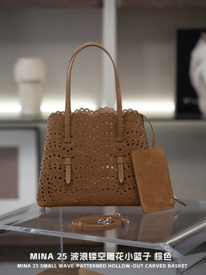 New Advanced Leather Tote Shopping Bag Wave Hollow out Basket Retro Suede Single Shoulder Slant Cross Mother Baby Bag
