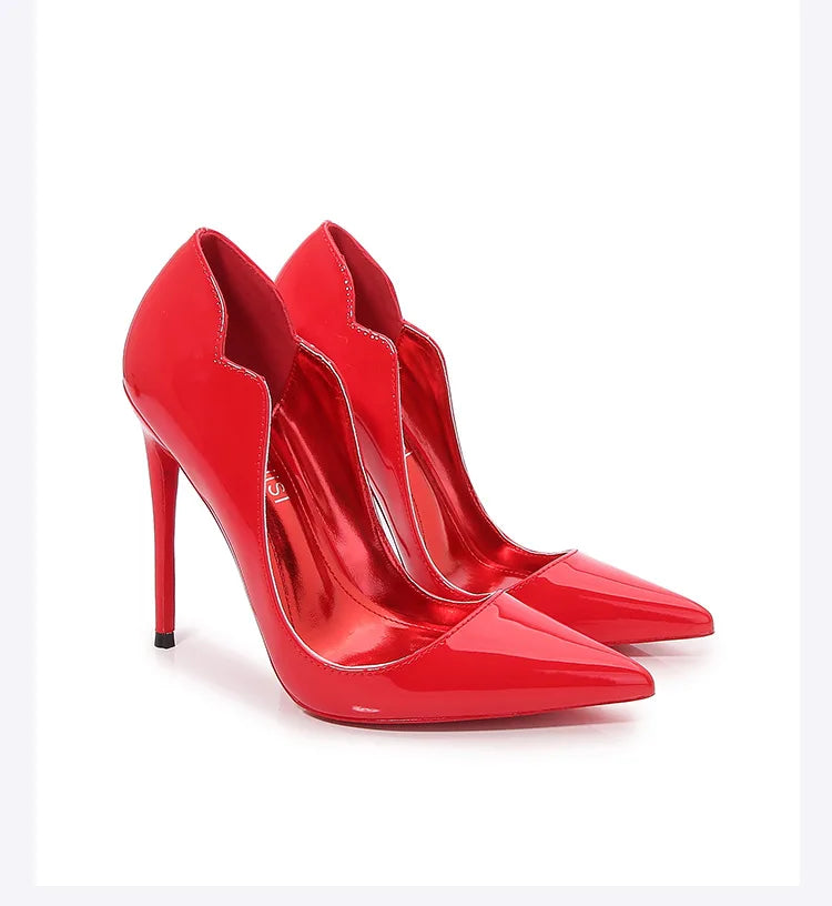 Black Curl Upper Women Patent PU Pointed Toe Stiletto 12cm High Heels Sexy Ladies Party Dress Shoes Club Dance Women Pumps
