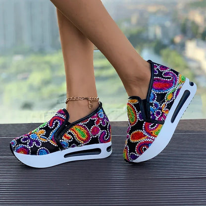 Women's Sneakers Rainbow Embroidered Platform Shoes for Women Breathable Mesh Loafers Lightweight Slip On Casual Shoes Plus Size
