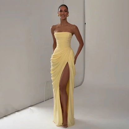 Elegant Yellow Strapless Pleated Dress Women Chic Sleeveless Waist Cinching Split Maxi Gowns 2026 Summer Lady Evening Party Robe