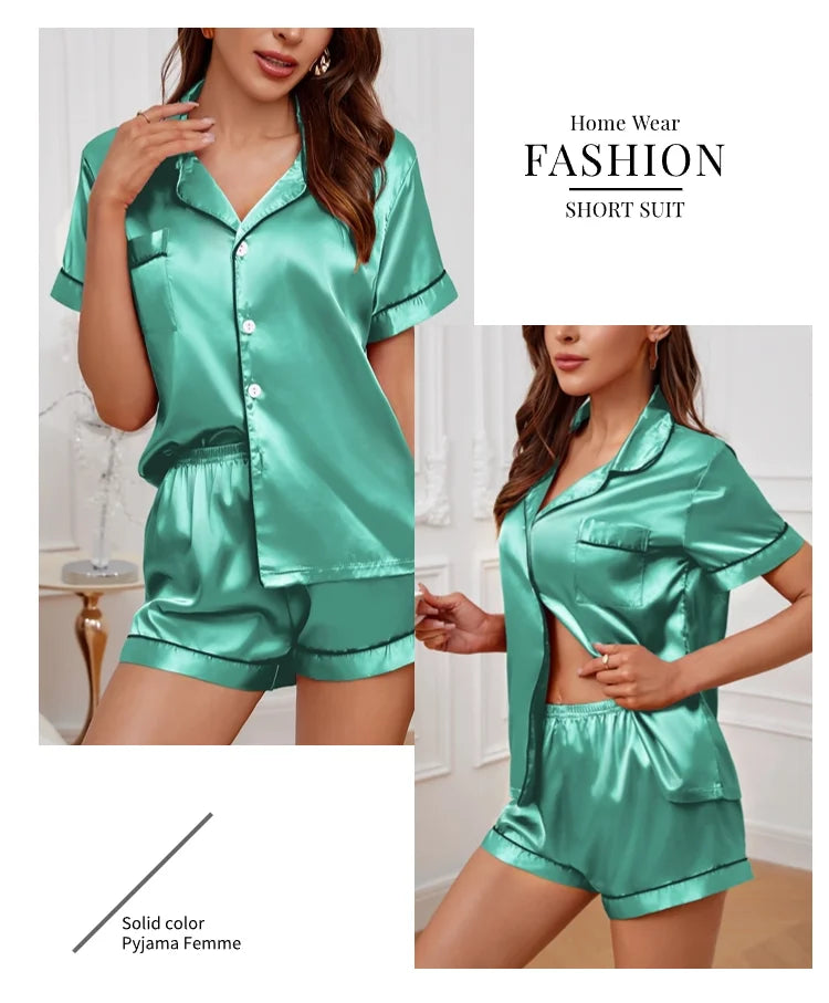 Women's Satin Pajama Set Summer Sleepwear Loungewear Short Sleeve Lapel Top & Shorts Pyjamas Button Home Clothes Pajamas Pjs Set