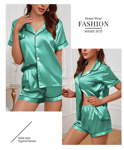 Women's Satin Pajama Set Summer Sleepwear Loungewear Short Sleeve Lapel Top & Shorts Pyjamas Button Home Clothes Pajamas Pjs Set