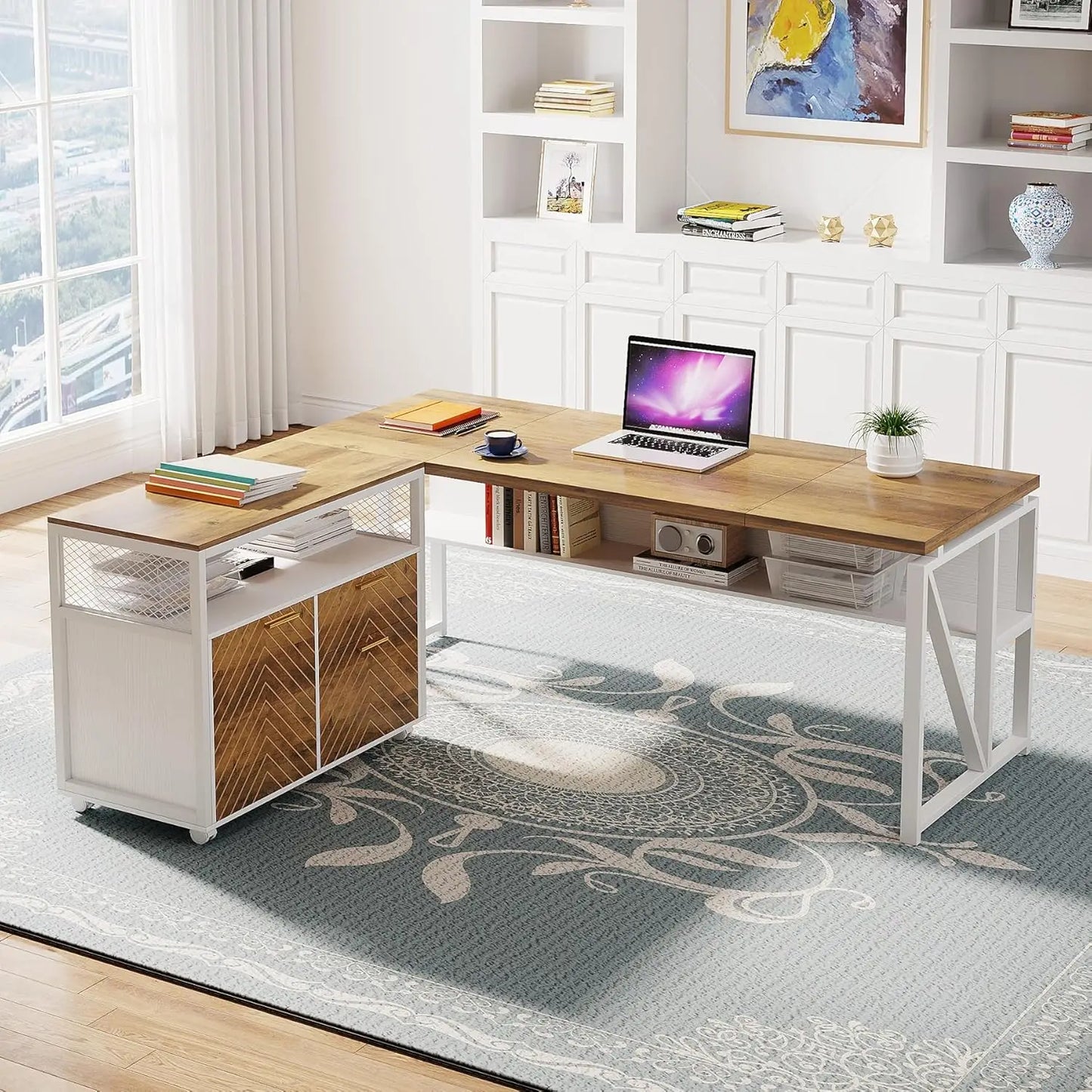 L Shaped Desk with Drawer,63" Executive Computer Desk and lateral File Cabinet, 2 Piece Home Office Furniture for, Customized