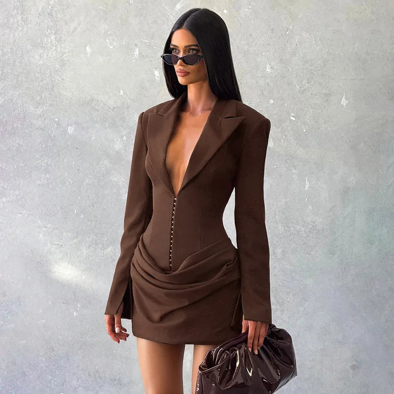 Avrilyaan Casual Pleated Sexy Dress Women 2025 Elegant Party Dress Blazer Long Sleeves Bodycon Mini Autumn Winter Dress Vestidos