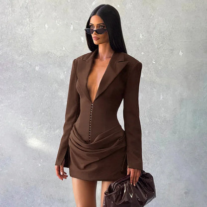 Avrilyaan Casual Pleated Sexy Dress Women 2025 Elegant Party Dress Blazer Long Sleeves Bodycon Mini Autumn Winter Dress Vestidos
