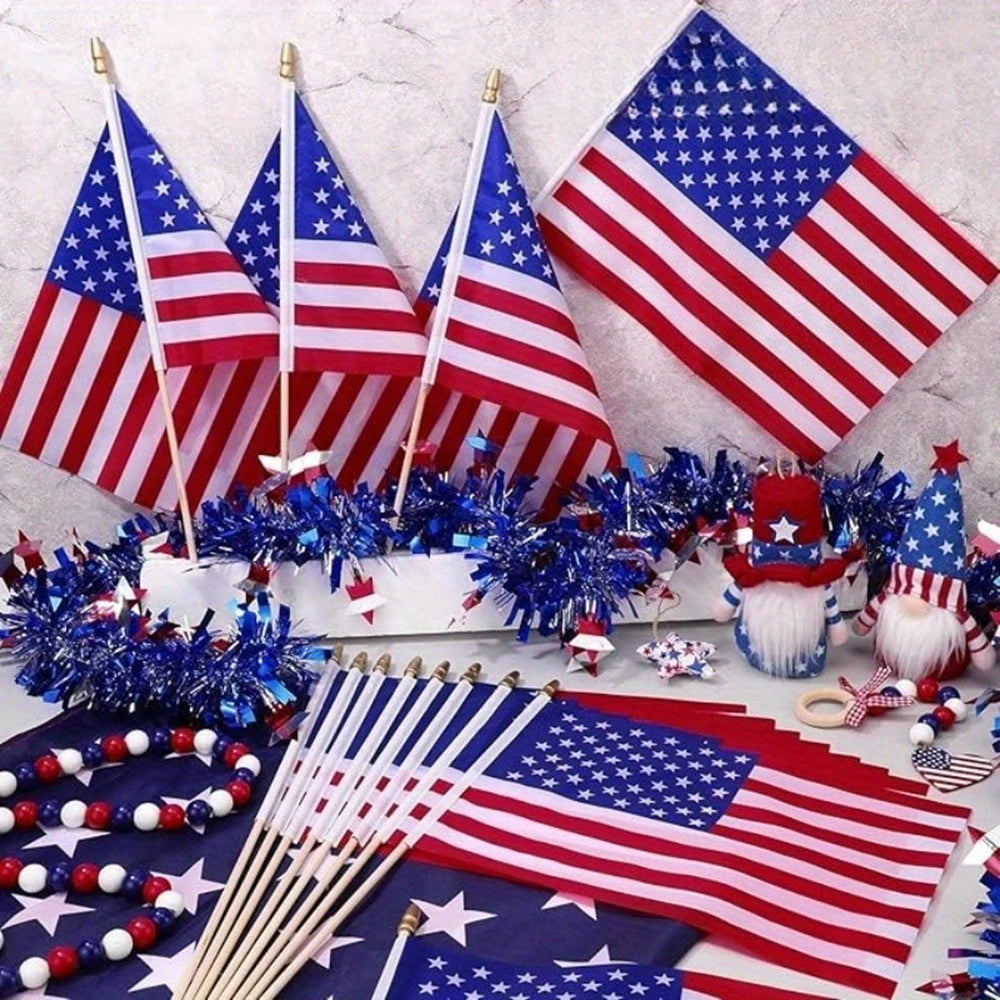 30pcs HandHeld American Stick Flags, 14x21cm HandHeld Mini USA Flag for Independence Day Outside Patriotic Holiday Yard Patio