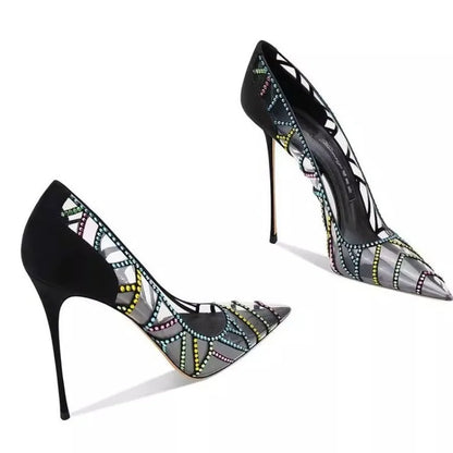 Black Design Sense Niche Transparent Multicolored Rhinestone 2026 New Pointed Toe Stiletto High-heeled Shoes for Women
