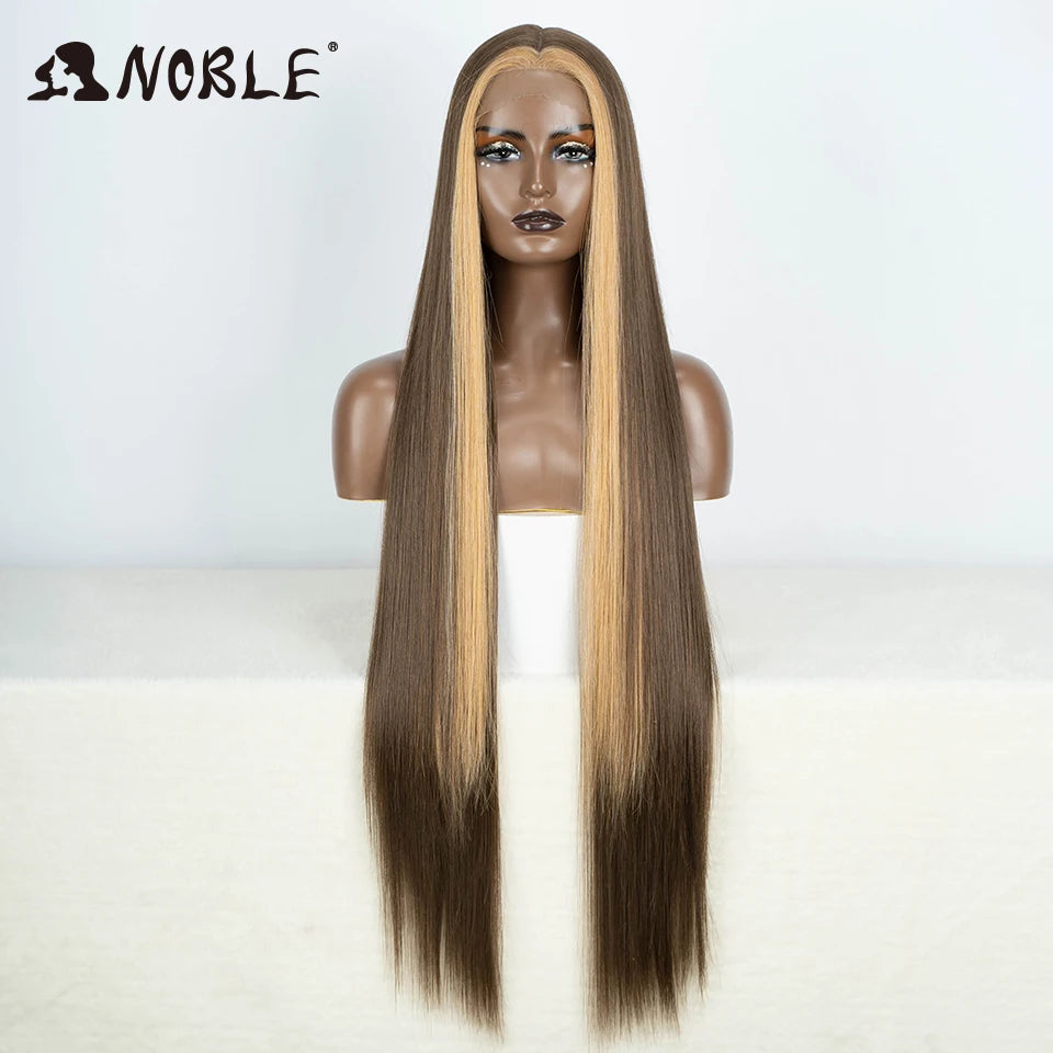Noble 38 Inch Extra Long Straight Synthetic Lace Front Wig Skunk Stripe Grey White Ombre Glueless Heat Resistant Wig For Women