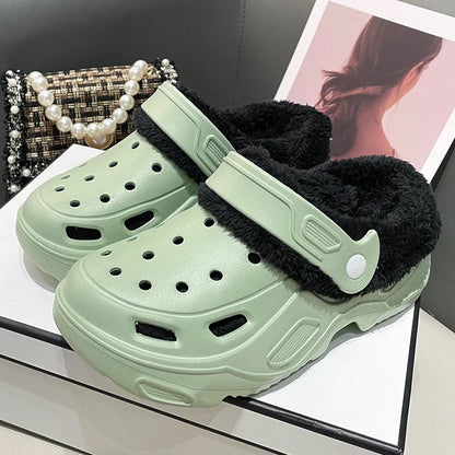 Plush slippers 2025 new winter men's and women's thick high heels soft-soled beach garden shoes home plush ripped slippers