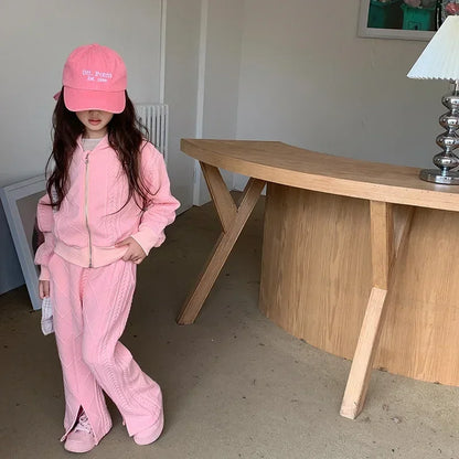 Flared Pants Childrens Set Girls Autumn New Korean Short Knitting Long Sleeved Tops Forking Two Piece Tide Hooded