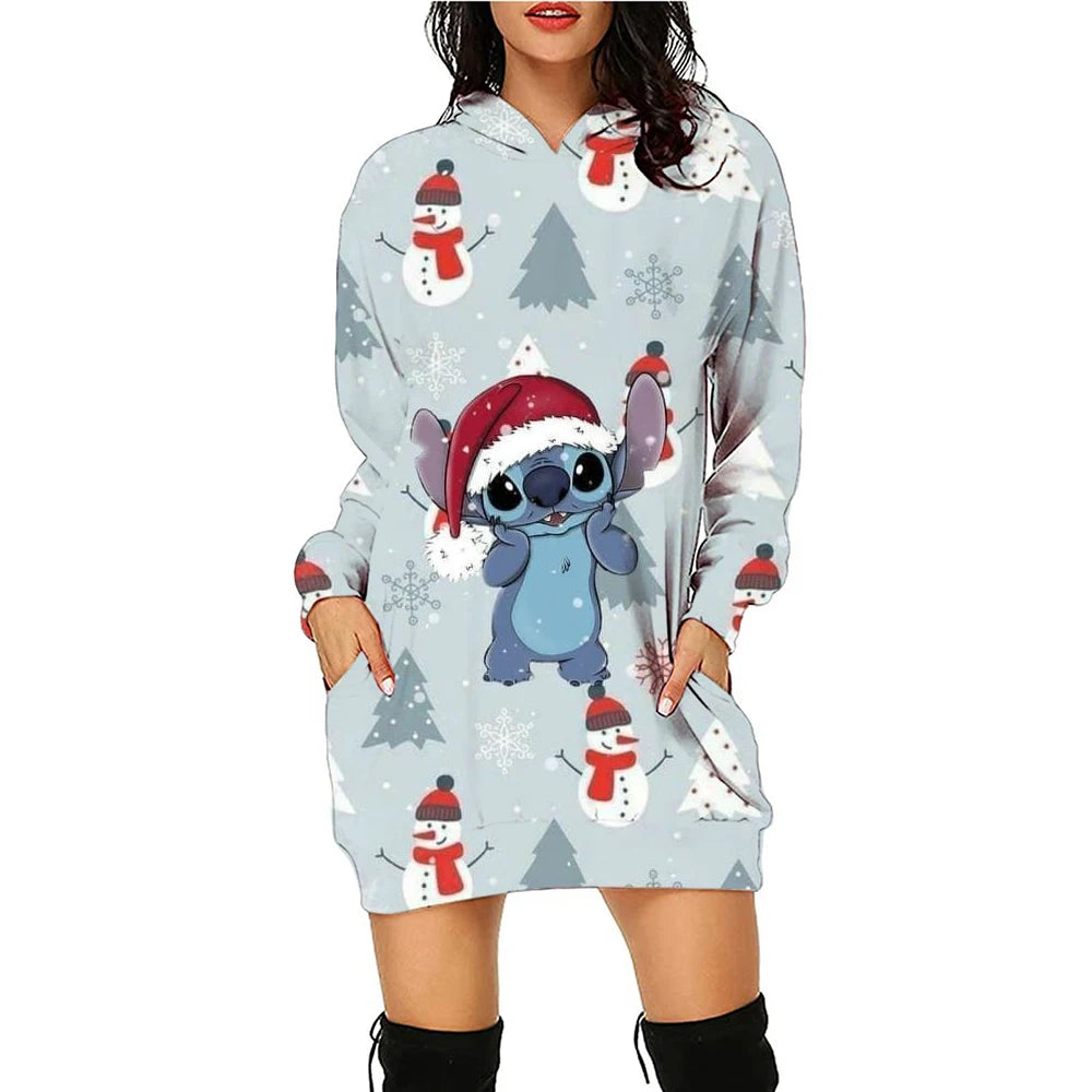 Christmas Disney Brand Stitch Cartoon Long Hoodie Autumn New Mini Sexy Long Sleeved Dress Korean Fashion Elegant Ladies Party