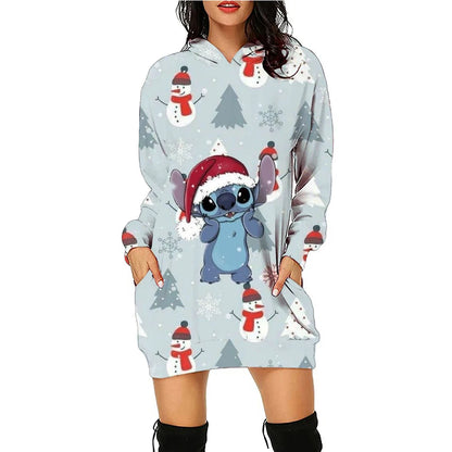 Christmas Disney Brand Stitch Cartoon Long Hoodie Autumn New Mini Sexy Long Sleeved Dress Korean Fashion Elegant Ladies Party