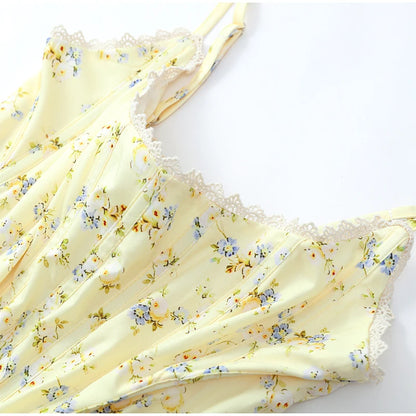 Yellow Flora Printed Corset Top Women Sexy Sleeveless Fishbone Bodycon Spaghetti Strap Lace Up Tops 2026 Lady Summer Party Vest