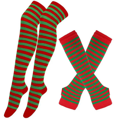 2Pair/Set Women Gothic Punk Over Knee Long Stripe Socks Girl Arm Sleeve Gloves Thigh High Cotton Socks Sweet Cute Christmas Gift