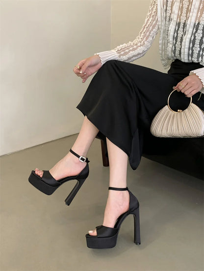Liyke Runway Style Black High Heels Platform Sandals For Women Cozy Silk Square Toe Buckle Strap Lady Party Dress Shoes Size 40