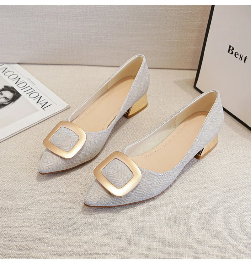 Womens Light Blue Glitter Pointed Toe Block Heel Pumps With Gold Square Buckle Detail Metallic Heel Elegant Dress Shoes Ladies