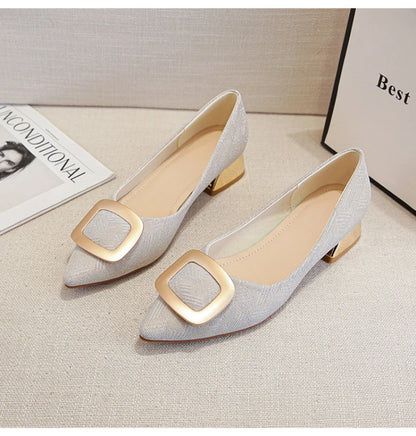 Womens Light Blue Glitter Pointed Toe Block Heel Pumps With Gold Square Buckle Detail Metallic Heel Elegant Dress Shoes Ladies