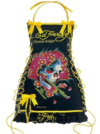 Joskaa Halter Printed Y2k Line Up Wacky Contrast Dress Women Gothic Party Sexy Hollow Bandage Halloween Makeup Dresses Outwear