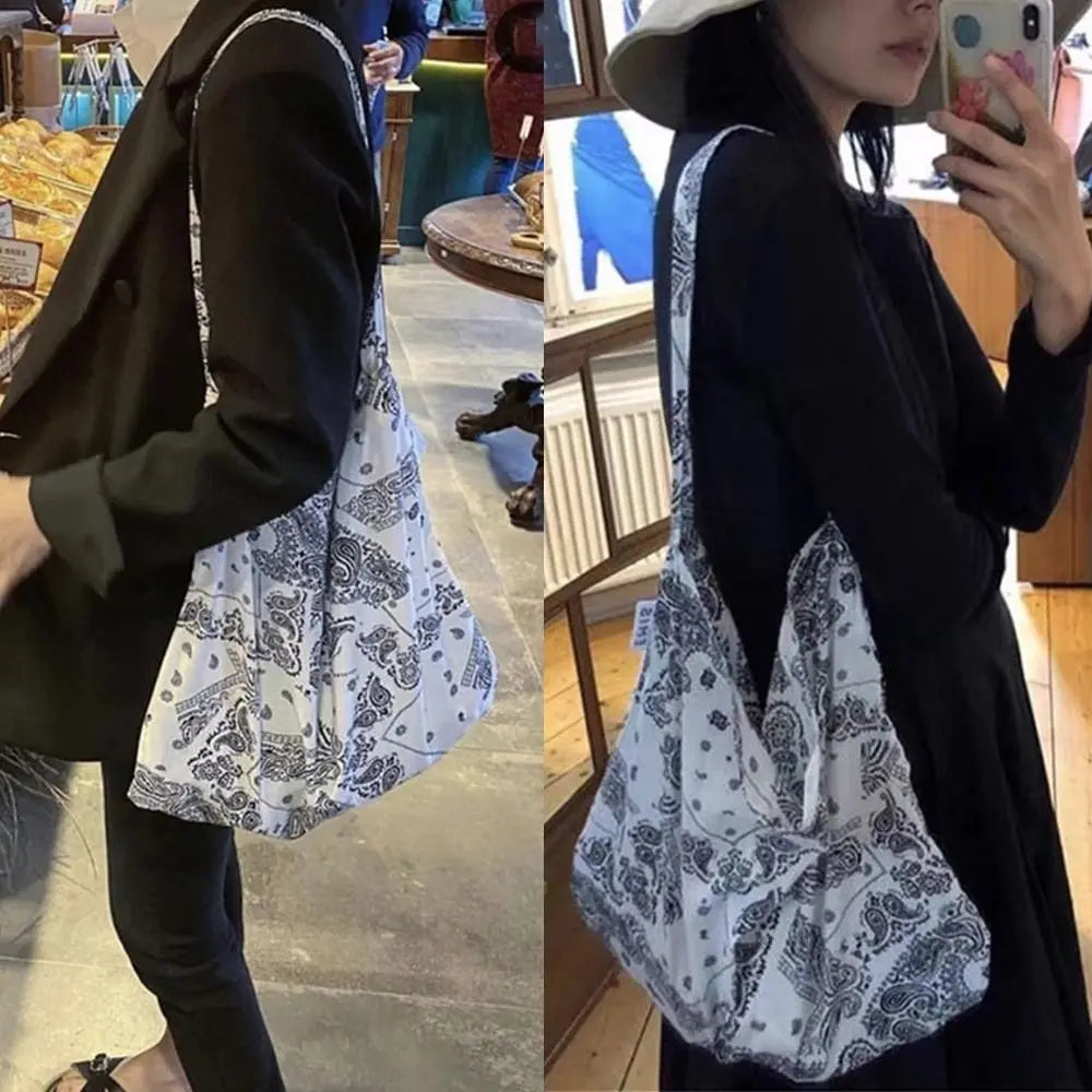 Portable Cotton Shopping Bag Bandanna Print Open Pocket Handbags Reusable High-capacity Books Bag Travel