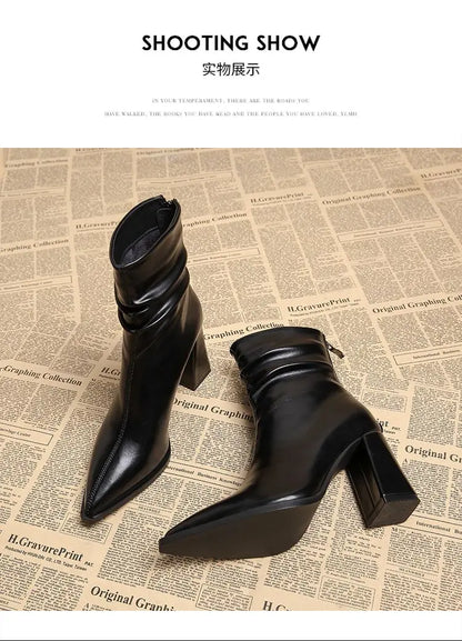 Autumn Womnen's High Heel Ankle Boots New Winter Plus Velvet Pointed Toe Chunky Heel Chelsea Boots for Women Heeled Sheos Dress