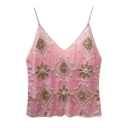 Sexy Sequins Beaded Camisoles Women Glitter Sleeveless Backless Pleated Sling Crop Tops 2026 Spring Summer Club Party Tank Lady