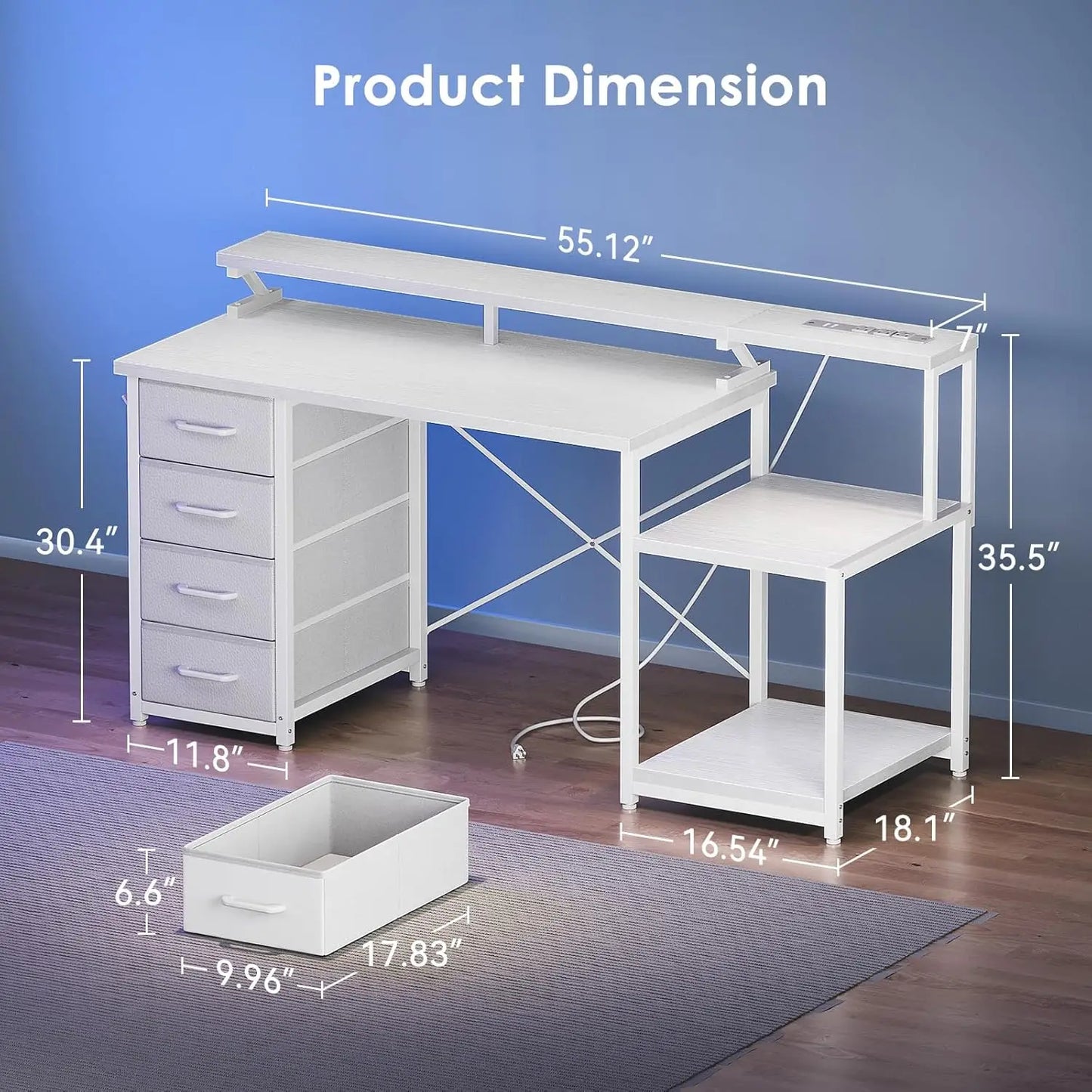 55 Inch Computer Desk with 4 Drawers, Office Desk with Power Outlets, Printer Shelf & Storage Shelves, Large, Customized