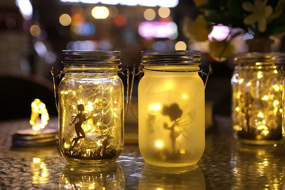 Portable Solar Lantern, Fairy Lights, Garden Ornament Outdoor Hanging Frosted TreeTable, Yard, Patio, Lawn, Glass Mason Jar Lamp