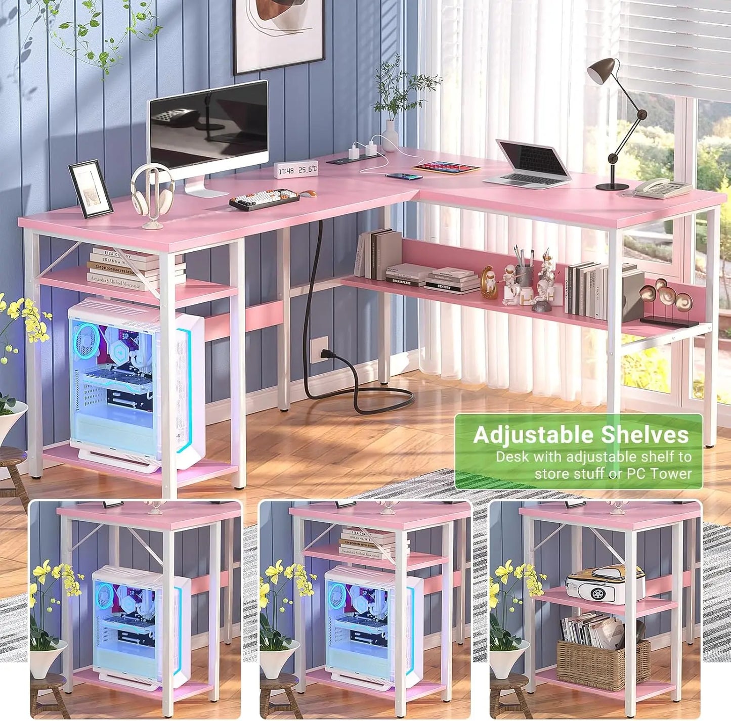 Reversible L-Shaped Desk with Power Outlets & USB Ports, Sturdy Corner Computer Desk with Storage Shelves, Easy Assembly Pink