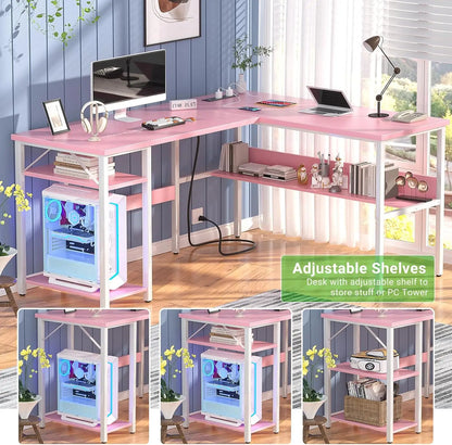 Reversible L-Shaped Desk with Power Outlets & USB Ports, Sturdy Corner Computer Desk with Storage Shelves, Easy Assembly Pink