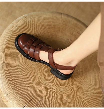 2023 Women Sandals Retro Genuine Leather Luxury Roman Sandals Casual Buckle Strap Summer Shoes GLADIATOR Thick Heel Women Shoes