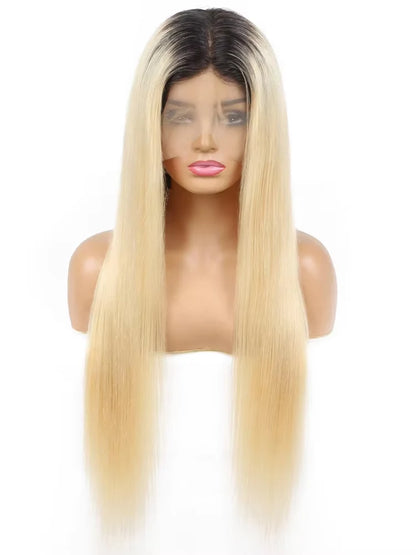 1B 613 Blonde Ombre Human Hair Wigs 13x6 Lace Front Wig Pre Plucked HD Transparent Lace Blond Black Roots Straight 180% Density