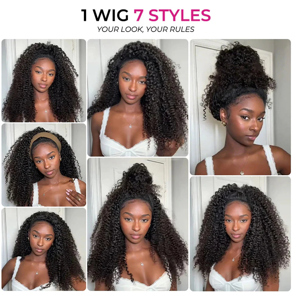 Water Wave Glueless Wigs Wear And Go 3 IN 1 Half Wigs Human Hair 200% Density Machine Made Clip-in Wigs With Drawstring Seamless