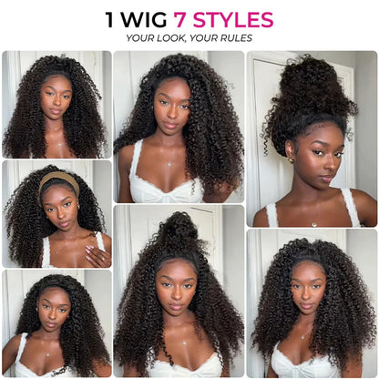 Water Wave Glueless Wigs Wear And Go 3 IN 1 Half Wigs Human Hair 200% Density Machine Made Clip-in Wigs With Drawstring Seamless