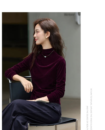 VIMLY Women's Red Velvet T-shirt Casual Knitted Slim Fit Tops Winter 2026 Vintage Mock Neck Folds Long Sleeve Ladies Tees A3305