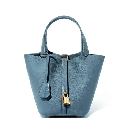 Genuine Leather Shoulder Bucket Bag Women Litchi Pattern Mini Basket Tote Soft Handbag Mommy Bride Wedding Bags with Lock