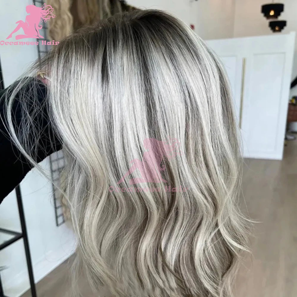 Ash Blonde Human Hair Wig Dark Roots Transparent Lace Frontal Human Hair Wigs 13x4 Lace Front Wigs with Baby Hair Pre Plucked Na