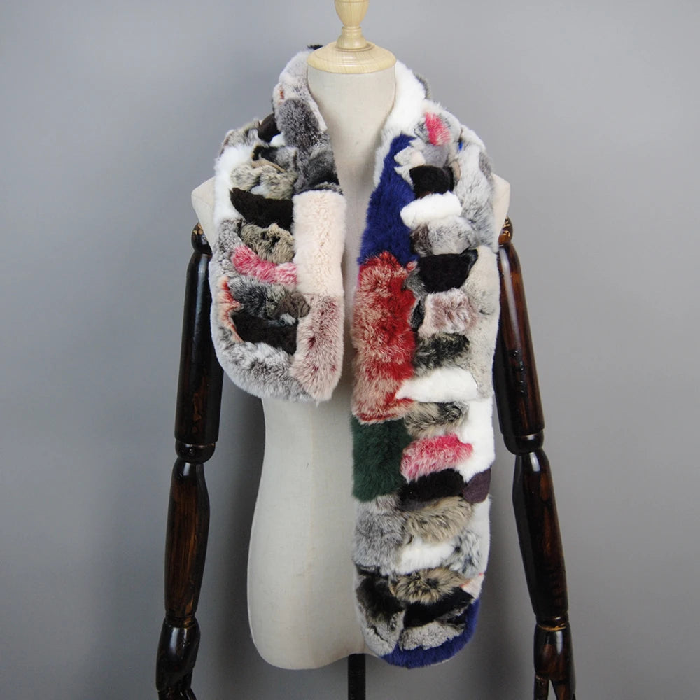 Winter Women Knitted Real Rex Rabbit Fur Scarf Natural Soft Long Style Rex Rabbit Fur Muffler Lady Warm 100% Genuine Fur Scarves