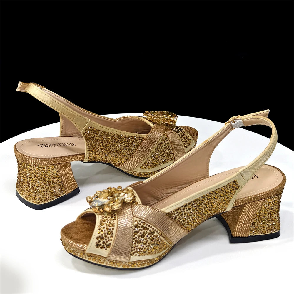2025 Elegant Green Peep-Toe Heel Pumps for Women with Diamond Accents - Italian Matching Shoes and Bags Set for Parties