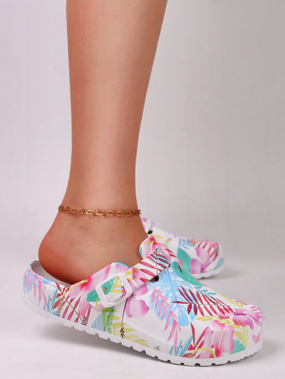 Women's Fashion Floral Print Clogs, Eva Summer Non-Slip Work Shoes, Lightweight Flat Soft Sole Adjustable Buckle Closed Toe Suitable for Beach Garden Autumn