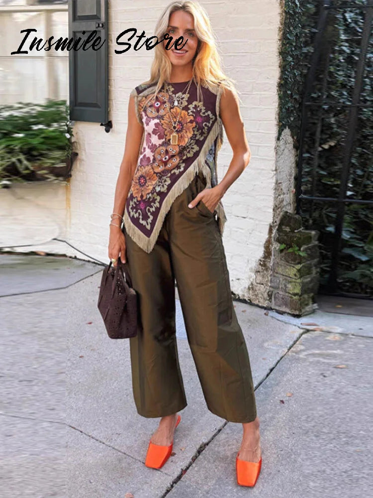 Fashion Tassel Printed Irregular Top Women Loose O-neck Sleeveless Patchwork Vest 2026 Summer Lady New Casual Beach Y2k Outfit