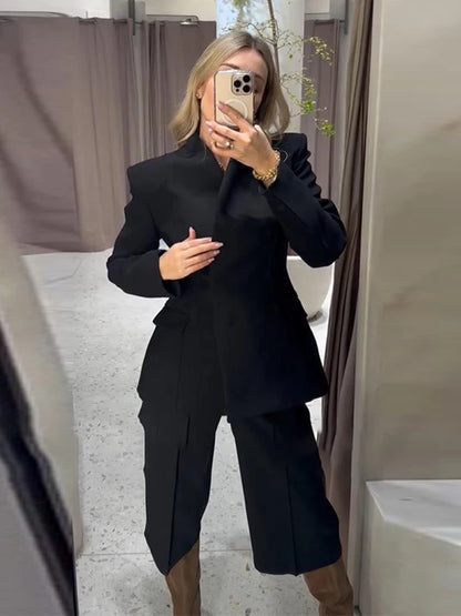 Elegant Solid Women's Blazer Trouser Suits Lapel Single-Breasted Wide Leg Pants Lady Set 2026 Spring 2 Pieces Set Women