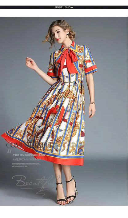 Women's Orange Striped Short Sleeves Vintage Belt Bow Tie Collar Shirt Dress Summer Runway Chain Printing Casual Midi Vestidos