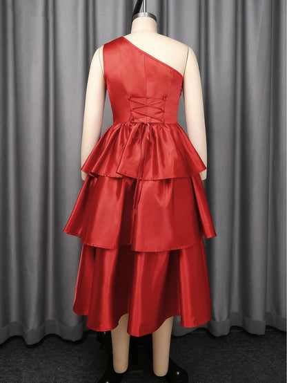 Women Elegant Shiny One Shoulder Ruffle Layered Christmas Party Dresses Date Out Birthday Wedding Guest Event Occasion Gowns New