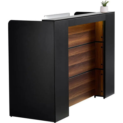 62 Rectangular Front Counter Desk with LED Light for Retail, Lobby, and Office Use, Black & Brown