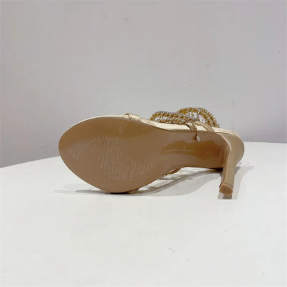 Liyke Elegant Women Wedding Banquet Shoes Fashion Crystal Tassel Twining Stiletto Sandals Sexy Open Toe Stripper Heels Golden