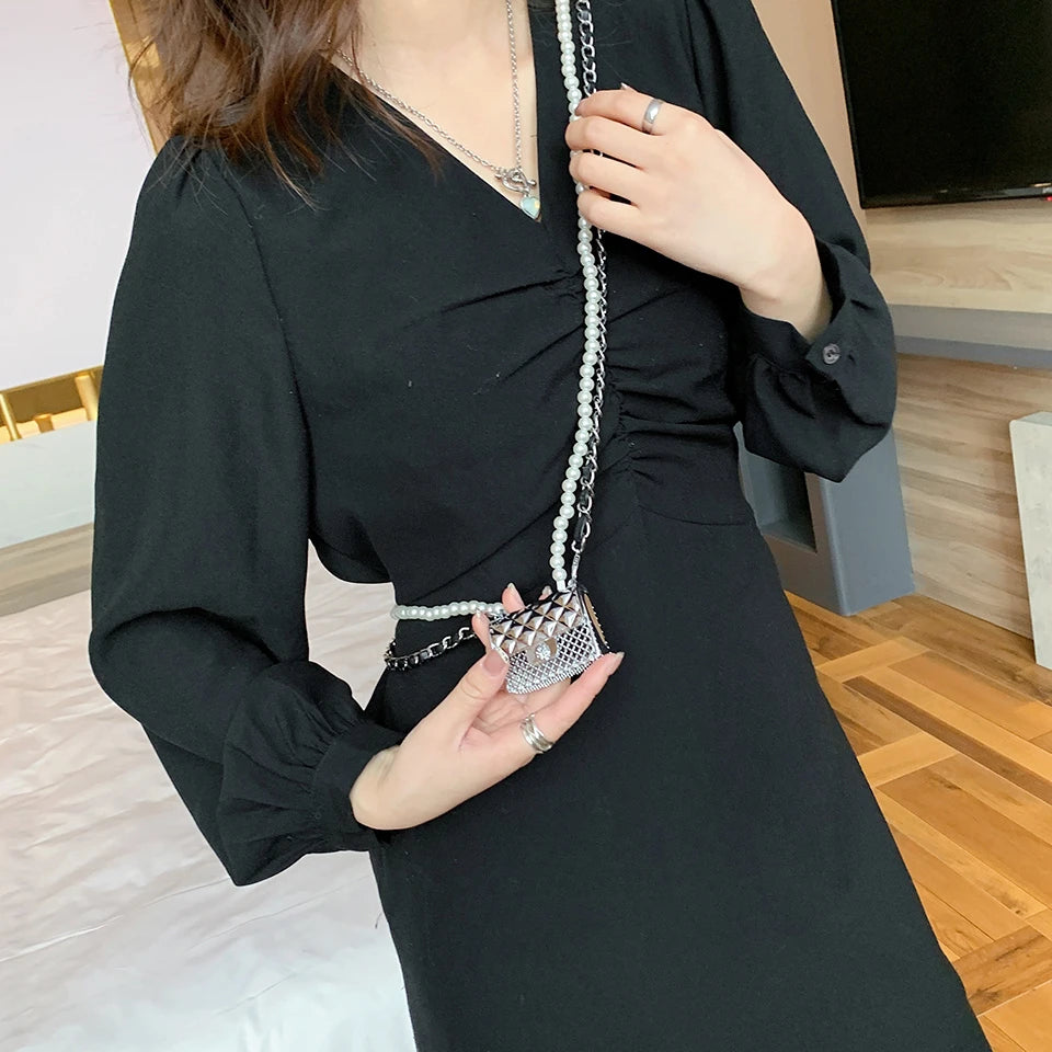 Mini dinner bags for women fashionable metal small box bag designer pearl chain shoulder bag clothing accessories crossbody bag