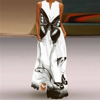 Fashionable V-Neck Sleeveless Long Digital Print Dress with Pocket Summer Sexy XL Women's Clothing Loose Waist Ankle-Length