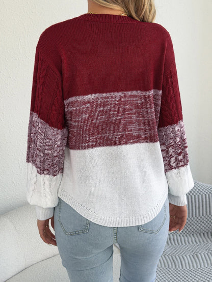 Woman Casual Color Block Striped Sweater Round Neck Lantern Long Sleeve Twist Knitted Tops for 2025 Autumn Winter Women Clothes